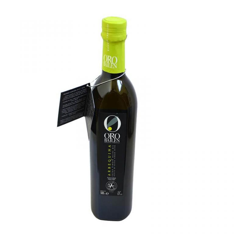 botella de 500 ml de aceite arbequina de oro Bailen
